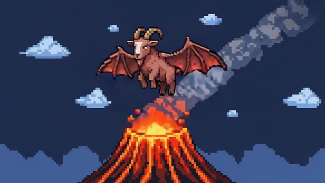Pixel art spritesheet of a winged goat monster flying over erupting volcano at night.