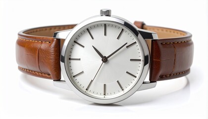 A classic wristwatch with a brown crocodile-patterned leather strap and a silver case, featuring a minimalist white dial with black hour markers