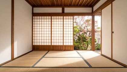 Fototapeta premium Tranquil Japanese Room with Shoji Screens and Tatami Mats