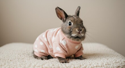 Cute Bunny in Pink Polka Dot Sweater on Soft Blanket