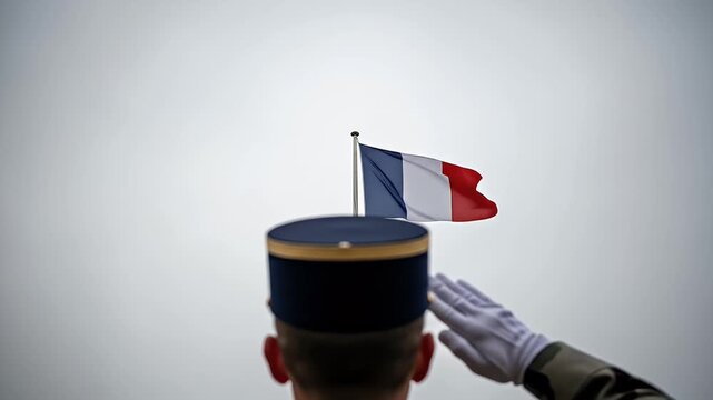 A French soldier in a traditional uniform saluting the national flag of France