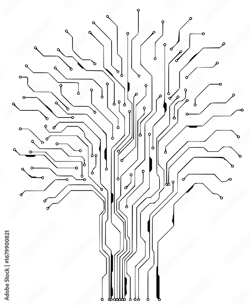 Poster futuristic tech tree circuit board design for innovative technology solutions and artificial intelli