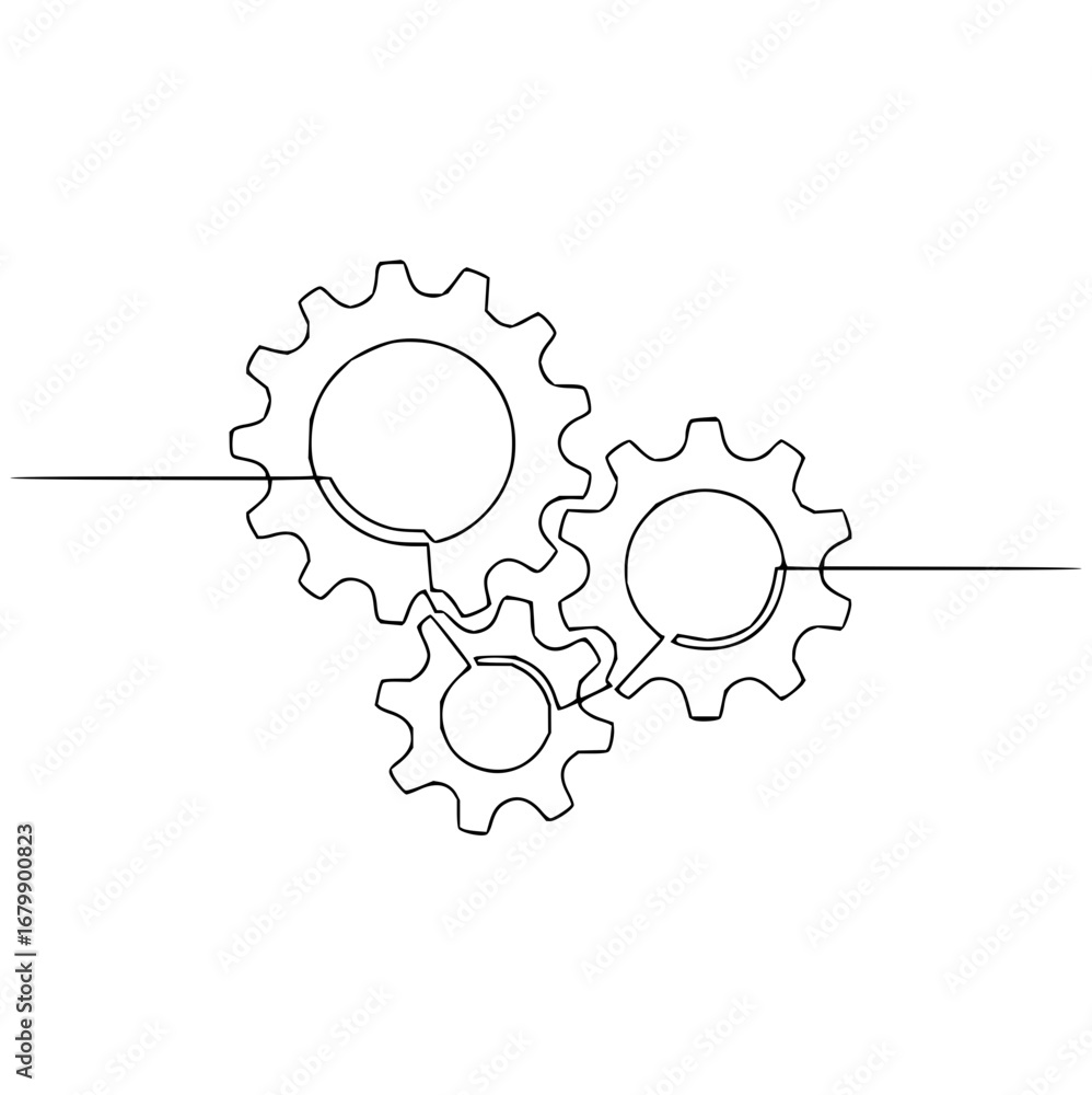 Poster elegant single line drawing of interconnected gears symbolizing teamwork and seamless processes