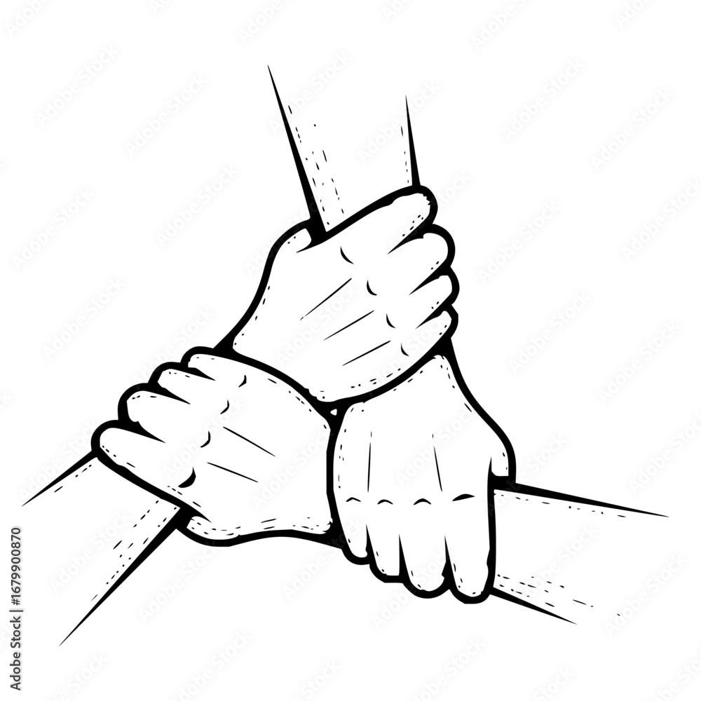 Poster strong teamwork shown by three hands joined together, embodying collaboration and unity in powerful 