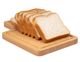 Sliced bread stacked on cutting board, isolated for cookbook or menu, plain background