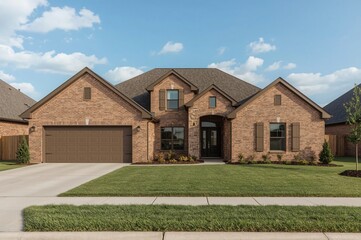 Fototapeta premium Suburban brick house, sunny day, landscaped yard, real estate listing