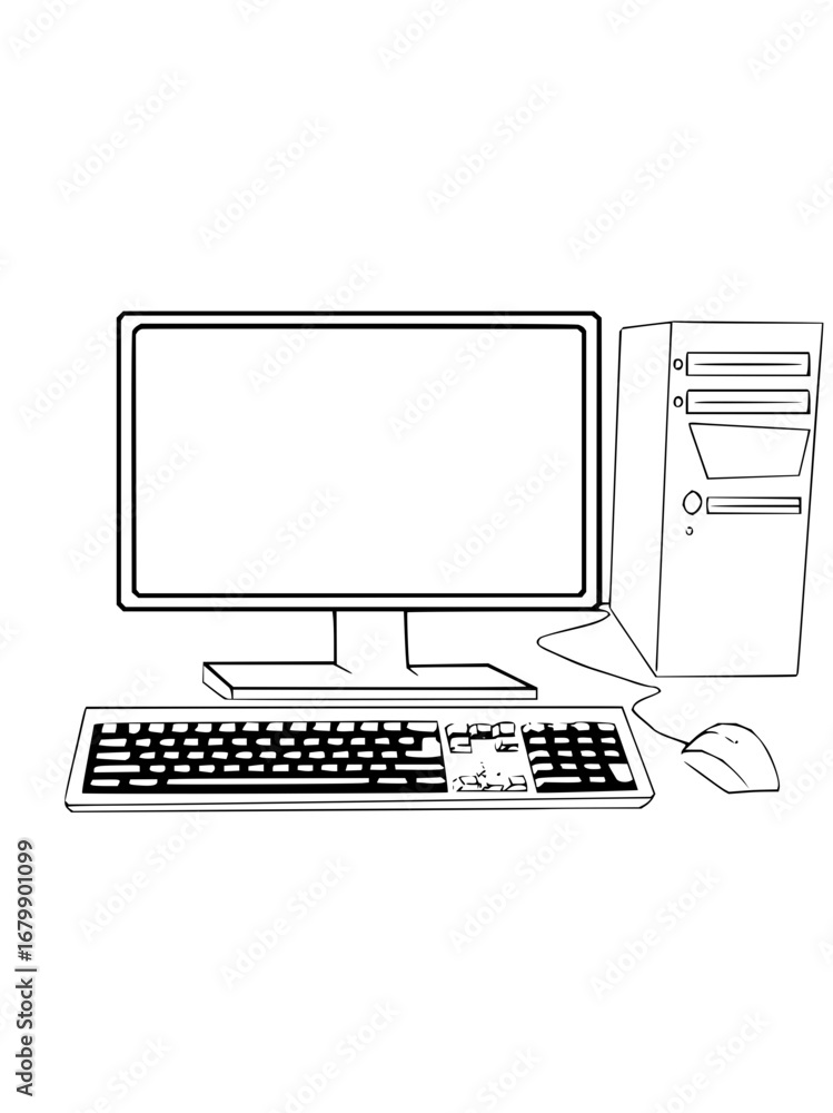 Poster sleek computer setup showcasing monitor, keyboard, mouse, and tower for modern workstation design