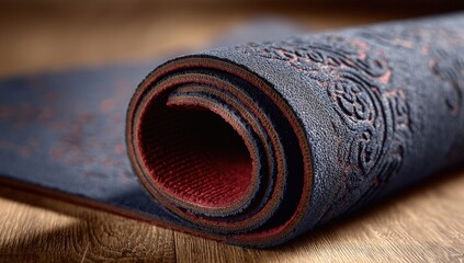 Rolled exercise mat on wooden floor.  Dark gray mat with burgundy inner layer, intricate design
