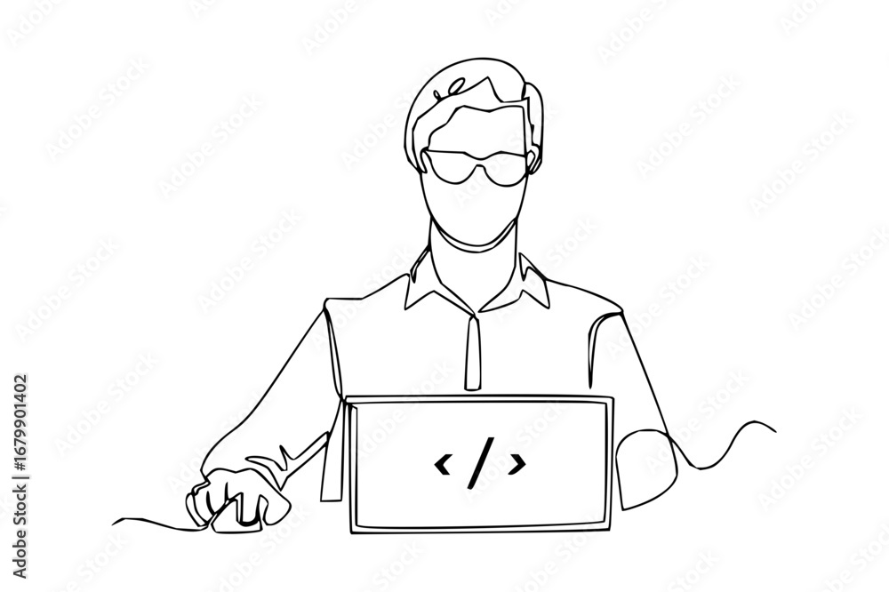 Poster modern line art of programmer coding on laptop with glasses, for technology company marketing
