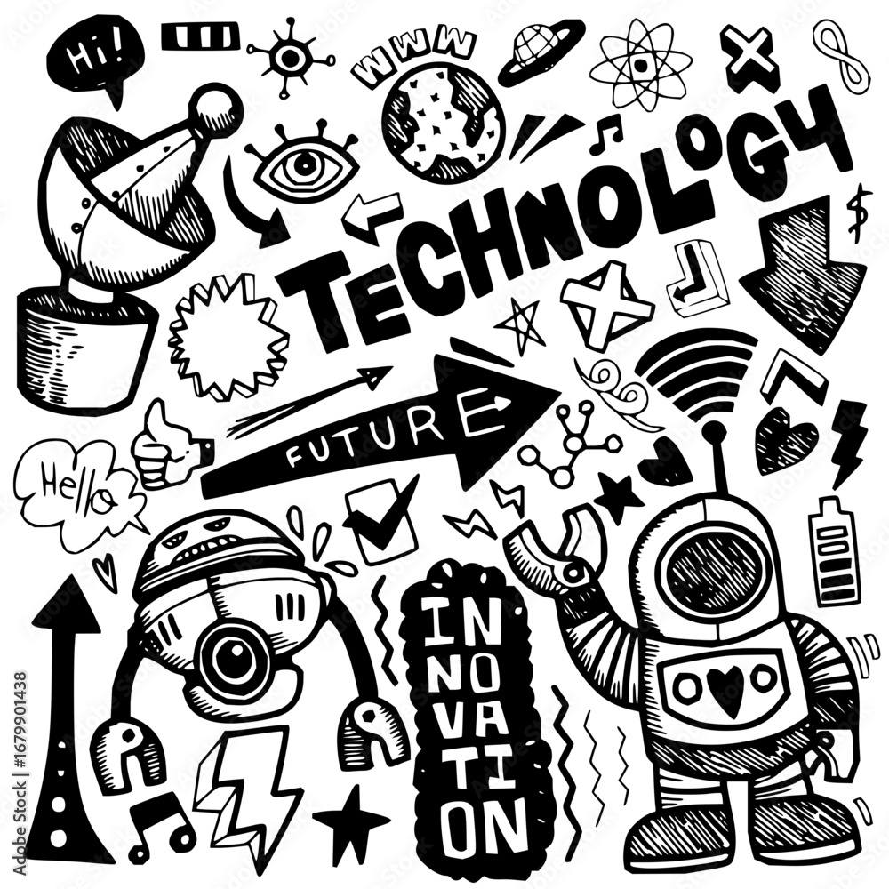 Poster doodle art for technology, innovation, and future concepts in a playful style shows robots and scien