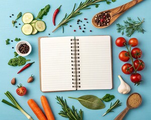 A notebook with recipes, vegetables, herbs and spices on a light background