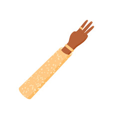 Flat style hand gesture with raised three fingers. Clothed arm showing the number three in an isolated pose. Human hand with wrist and sleeve, simple counting signal, clean and professional design