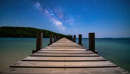 Fototapeta premium Wooden Boardwalk Leading to Starry Night Sky Over Calm Ocean