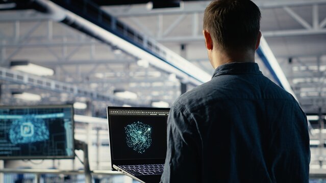 Data center admin using AI LLM chatbot suggestions to improve rigs processing speed and efficiency. Server hub worker using large language model to support artificial intelligence workloads, camera B