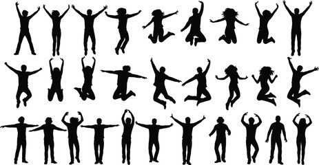 Jumping and standing human silhouettes, dynamic poses, expressive body movement, black vector set, gesture reference, posture design, isolated figure, sport and dance illustration