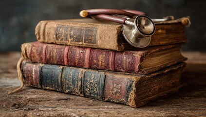 Antique medical books and stethoscope rest on a weathered wooden surface