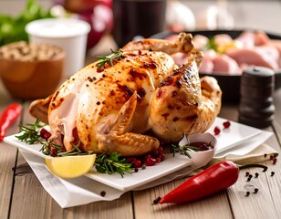 Roasted chicken on a plate surrounded by ingredients