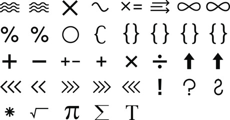 Mathematical symbols, logic signs, punctuation marks, arrows, operators, infinity, percentage, brackets, plus minus, division, square root, pi, summation, vector illustration