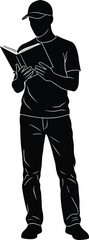 Silhouette person reading book, standing casual pose, education concept, literacy awareness, student learning, knowledge focus, black vector art, study illustration, reading habit, cap wearing figure