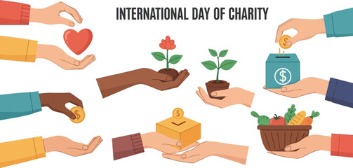 International day of charity illustration with hands holding various items for donation and support