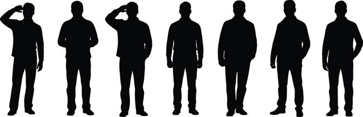 Silhouette men saluting and standing, military gesture, formal posture, black vector art, respect concept, uniformed figures illustration, discipline and honor theme