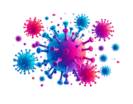 Microscopic viral particles spread globally. Background is chaotic. Could be used for science reports