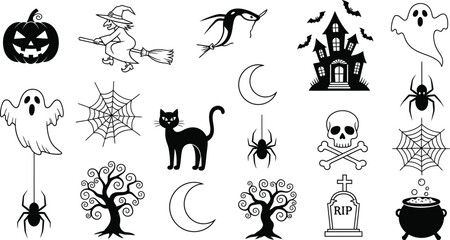 A collection of halloween themed vector graphics including a witch pumpkin and haunted house design elements