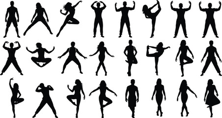 Human figure silhouettes, dynamic poses collection, black vector illustration, expressive body language, dance and fitness stances, movement reference art, active lifestyle concept