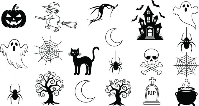 A collection of halloween themed vector graphics including a witch pumpkin and haunted house design elements