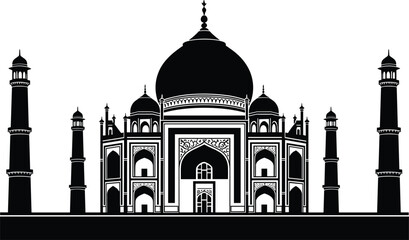 Taj Mahal silhouette, black vector illustration, famous Indian monument, Mughal architecture, UNESCO World Heritage Site, historical landmark art, Agra tourist attraction graphic