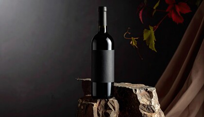 Dark Red Wine Bottle on Stone Plinth with Blank Label