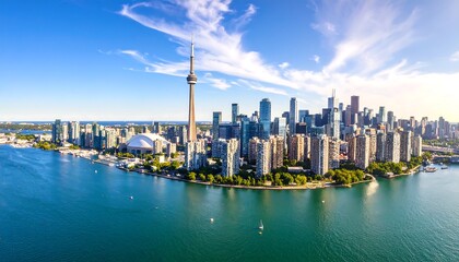 Panoramic aerial view of the stunning Toronto skyline from Lake Ontario