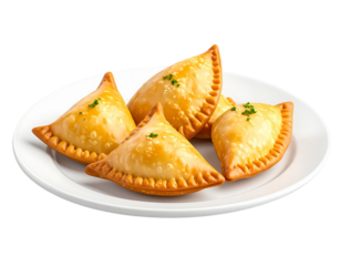 Baked pastry appetizer served on plate. Culinary shot with herbs scattered in background. Food blog use