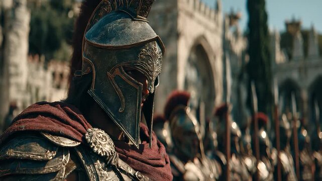 Ancient Greek Warrior in Full Armor Standing Guard with Army in Background, Historical Military Concept, Bronze Helmet, Red Cape, and Architectural Backdrop.