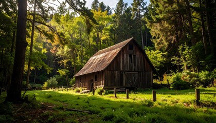 Obraz premium Sunlit rustic barn nestled in a verdant forest