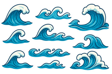 Ocean waves vector set. Cartoon sea wave collection. Water splash, surf, storm, tsunami icons. Stylized liquid flow shapes. Marine, nautical graphic design elements isolated.