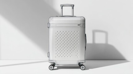 White suitcase with a perforated pattern against a white wall, shadowed