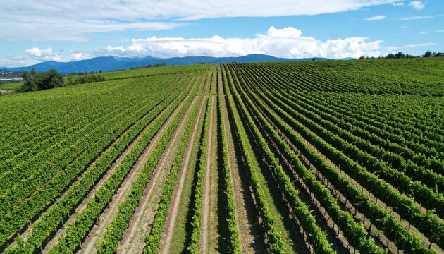 Aerial View of Lush Green Vineyard Rows under Sunny Sky