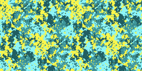 Abstract digital camo pattern in vibrant teal, yellow, and dark teal.  Perfect for backgrounds, textiles, or fashion designs.