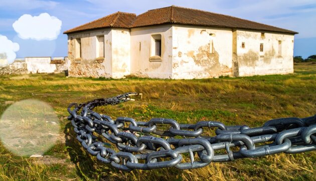 Weathered Stone Building with Long Metal Chain in Sunny Field