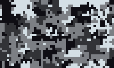 Abstract grayscale pixel art background.  Ideal for tech, modern design, or gaming projects.  The digitized camouflage pattern evokes themes of secrecy, technology, and digital disruption.