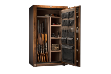 Open Wooden Gun Cabinet with Rifles and Organizer Pockets