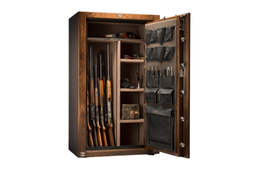 Open Wooden Gun Cabinet with Rifles and Organizer Pockets - Powered by Adobe