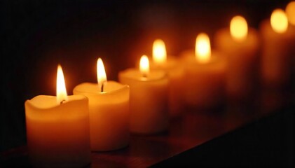 Close-up of flickering candlelight in a vigil, soft glow illuminating a dark space, creating a peaceful and somber atmosphere  Perfect for remembrance, grief, or memorial themes ,  serenity,  solace