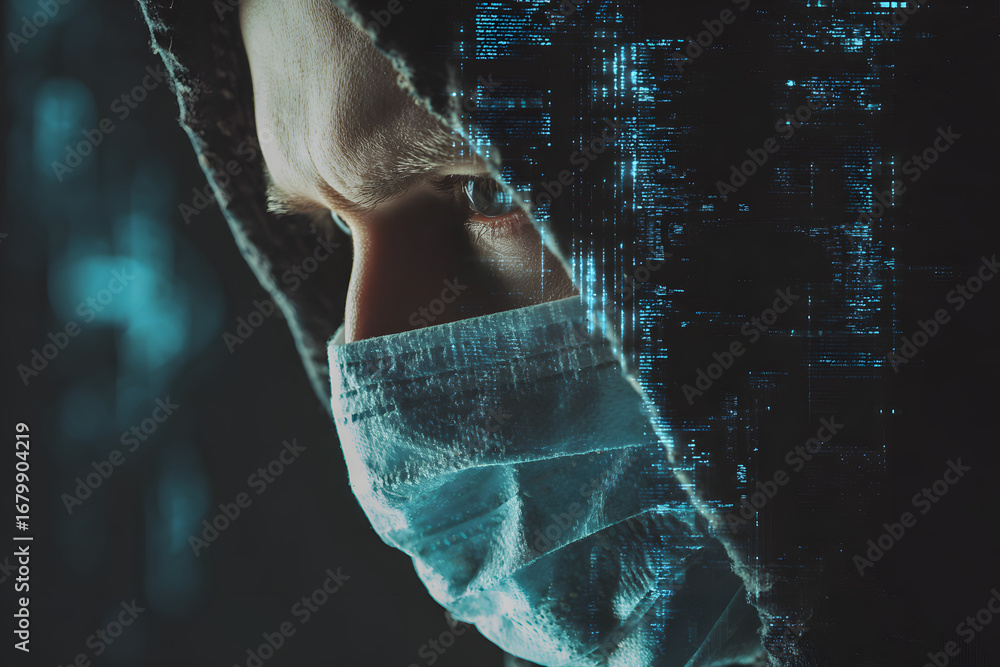 Poster hacker in mask on dark background with digital effecs, generative ai