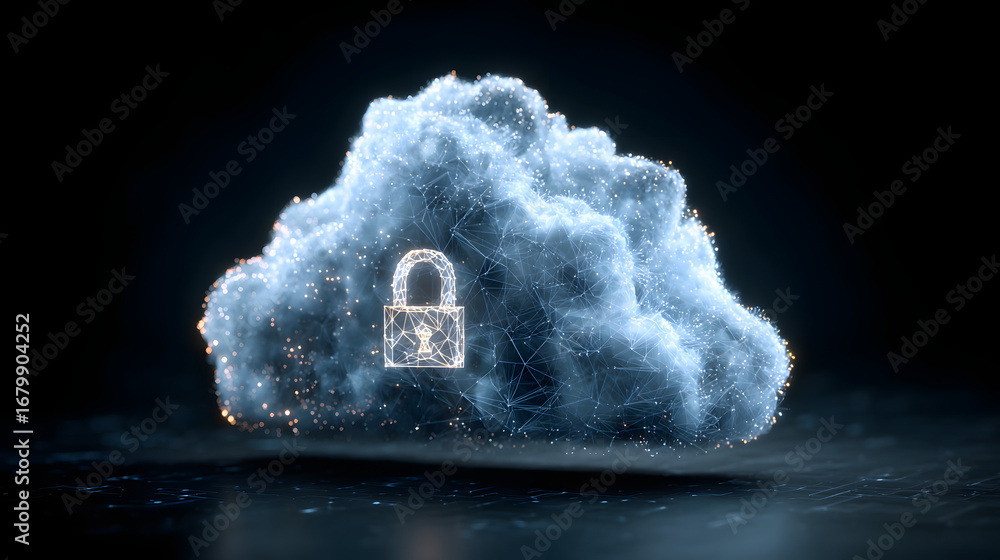 Poster abstract illustration of cloud security services, stlized cloud icon integrate with a secure padlock