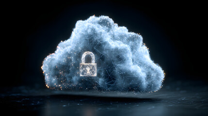 Abstract illustration of cloud security services, stlized cloud icon integrate with a secure padlock symol, representing data protction and cybersecurity incloud computing environmens.