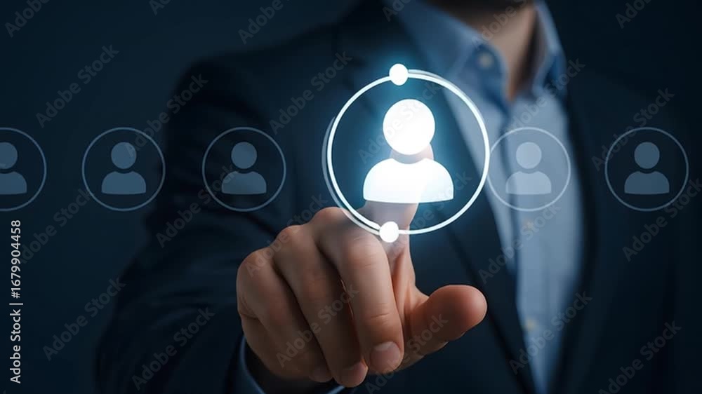 Aufkleber a finger selects a virtual profile icon, highlighting choices within a connected network, reflecting