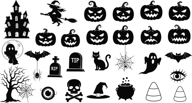 A collection of halloween themed vector images including pumpkins witch and haunted house silhouettes