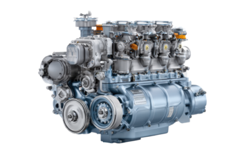 Blue H-Configuration Multi-Cylinder Engine on Transparent Background